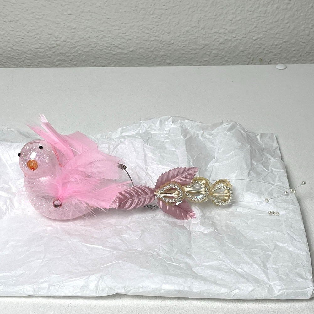 Pink Feather Bird Blown Glass Christmas Ornament Pearls Sequins Glitter 9"